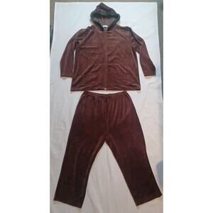 Vintage Lord & Taylor Brown Velour Hooded Sweatsuit Sz 1XL Fur Lined Hood